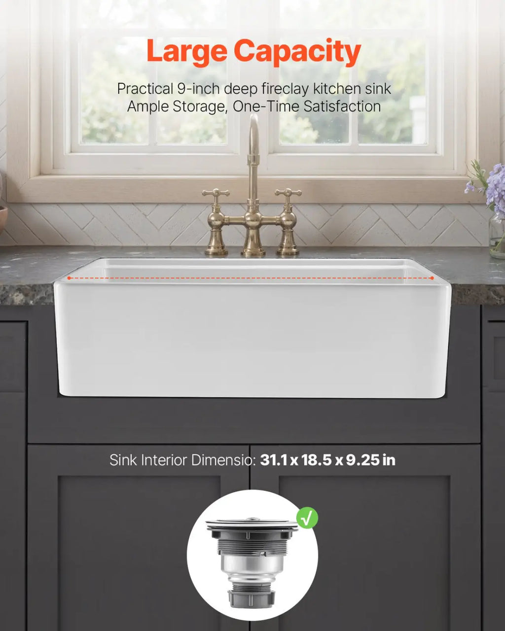 Fireclay farmhouse sink 32.5 inch white workstation with 9 inch deep rectangular basin and brass faucet