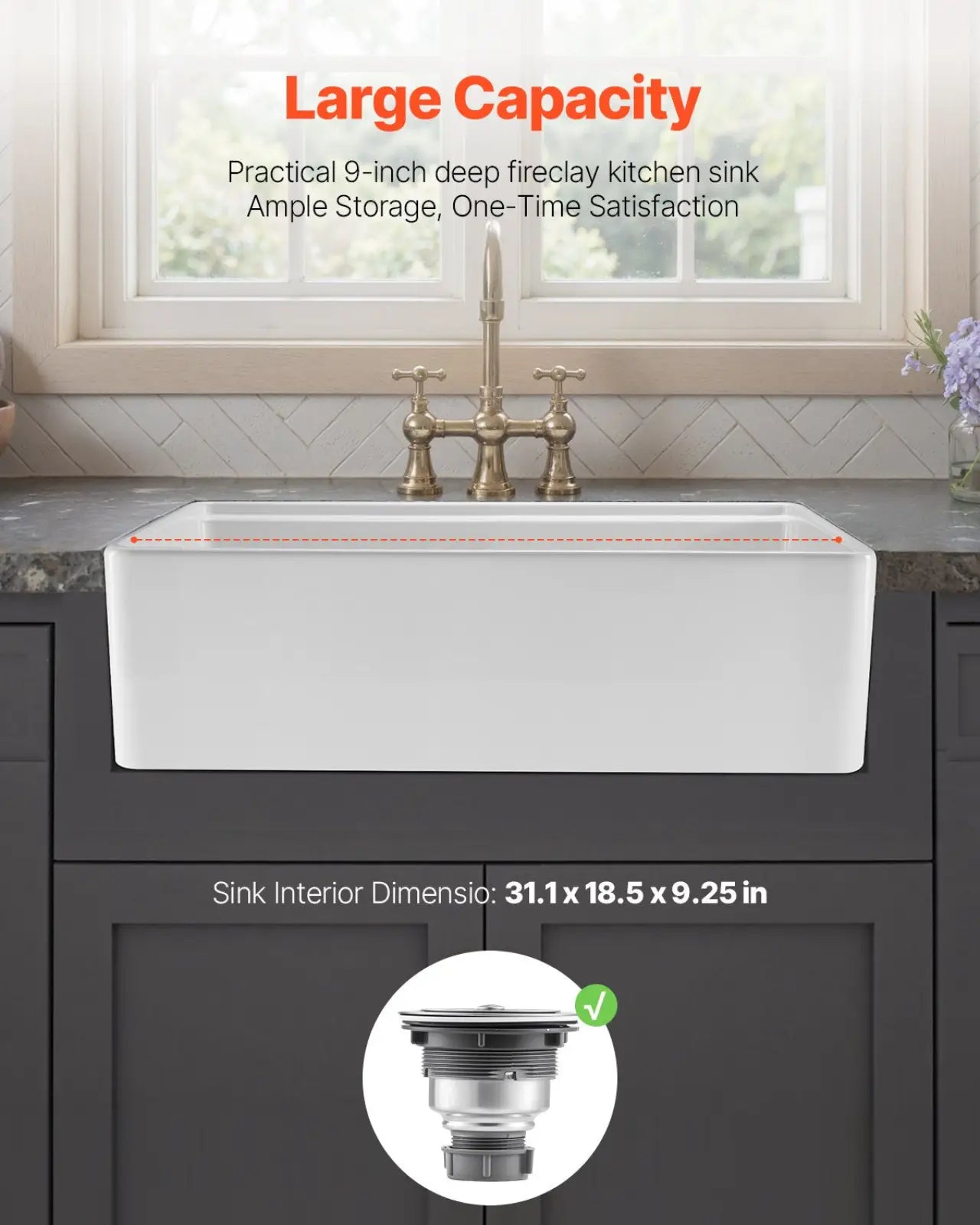 Fireclay farmhouse sink 32.5 inch white workstation with 9 inch deep rectangular basin and brass faucet