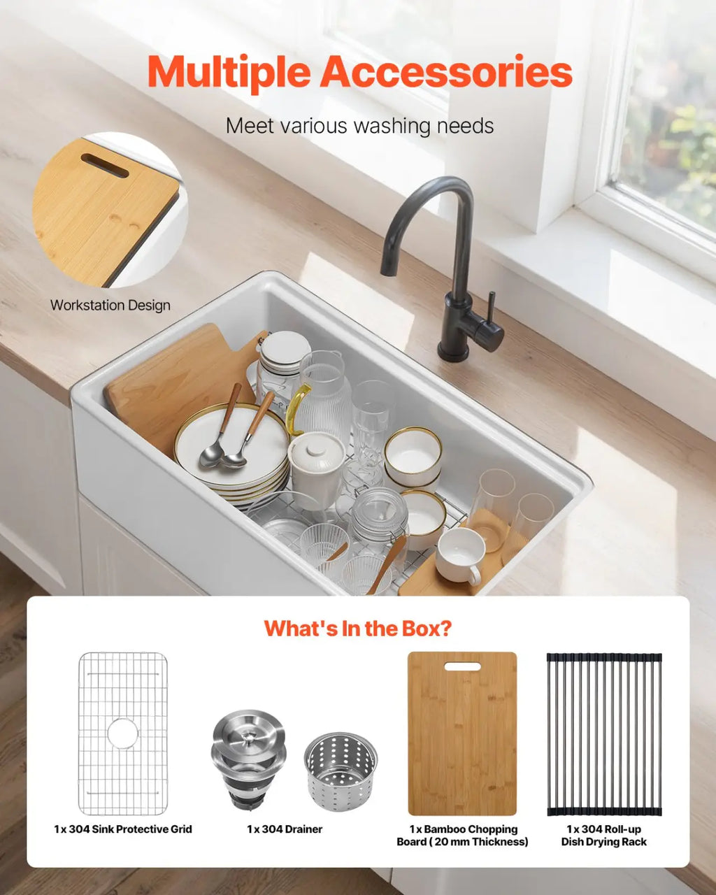 Fireclay farmhouse sink 32.5 inch white workstation with black faucet and wooden cutting board inside