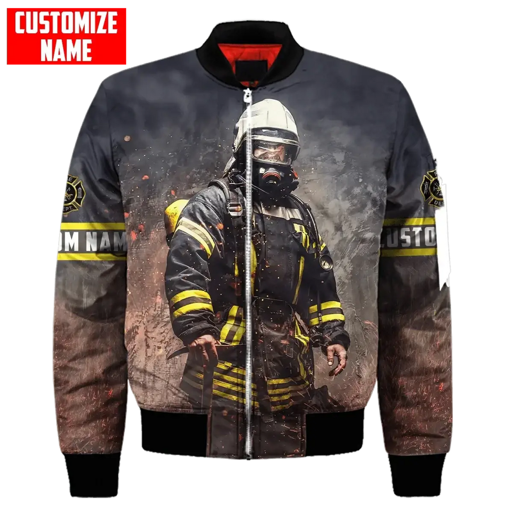 Black firefighter bomber jacket with full-body print and reflective yellow stripes perfect for drop shipping items received on time