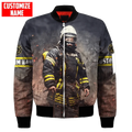 Black firefighter bomber jacket with full-body print and reflective yellow stripes perfect for drop shipping items received on time
