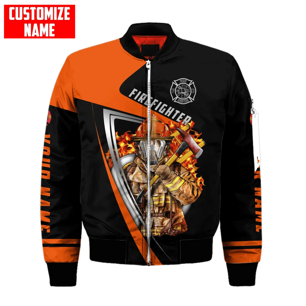 Black and orange firefighter bomber jacket with detailed graphic flame accents and custom name delivered date for drop shipping items received