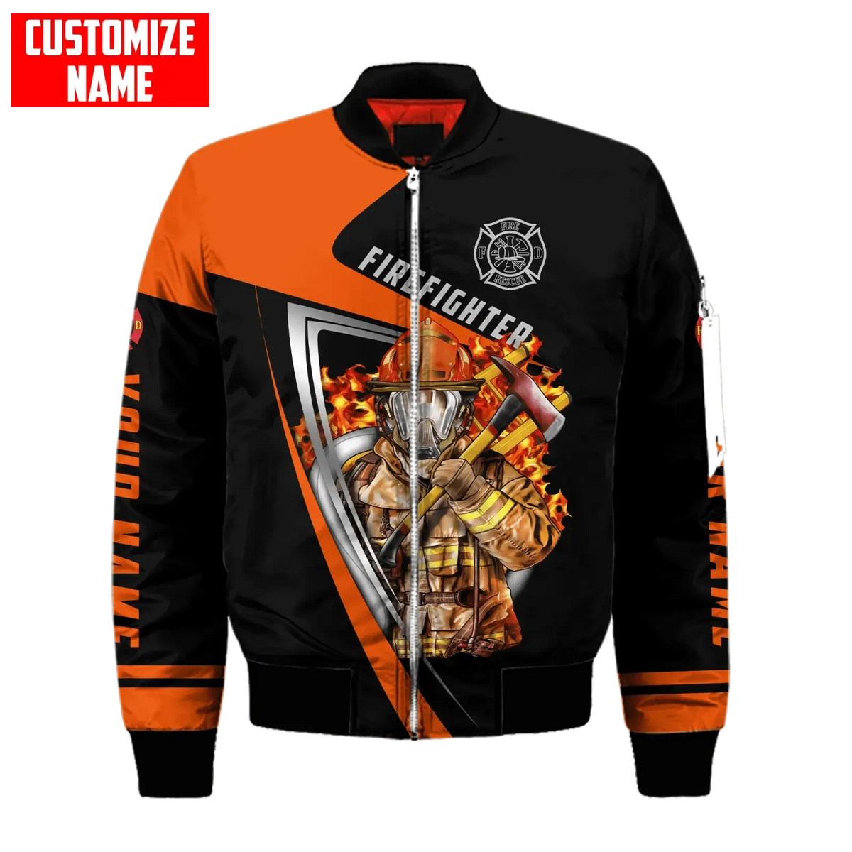 Black and orange firefighter bomber jacket with detailed graphic flame accents and custom name delivered date for drop shipping items received