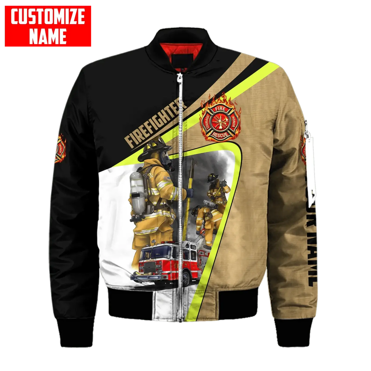 Black and tan firefighter bomber jacket with 3d graphic and custom name delivered date for drop shipping items received