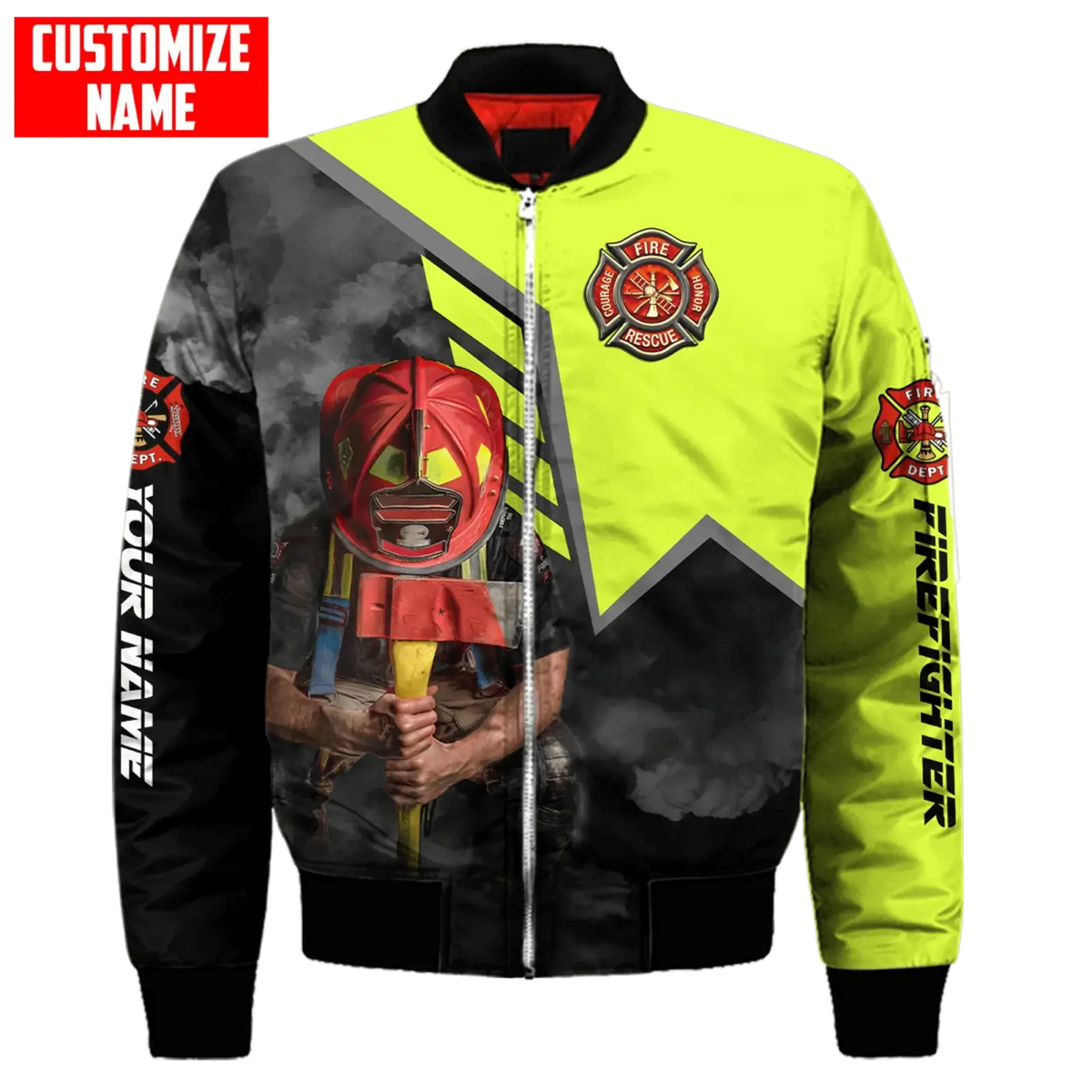 Bright neon yellow and black firefighter bomber jacket with 3d graphic and fire dept text ideal for drop shipping items received on delivered date