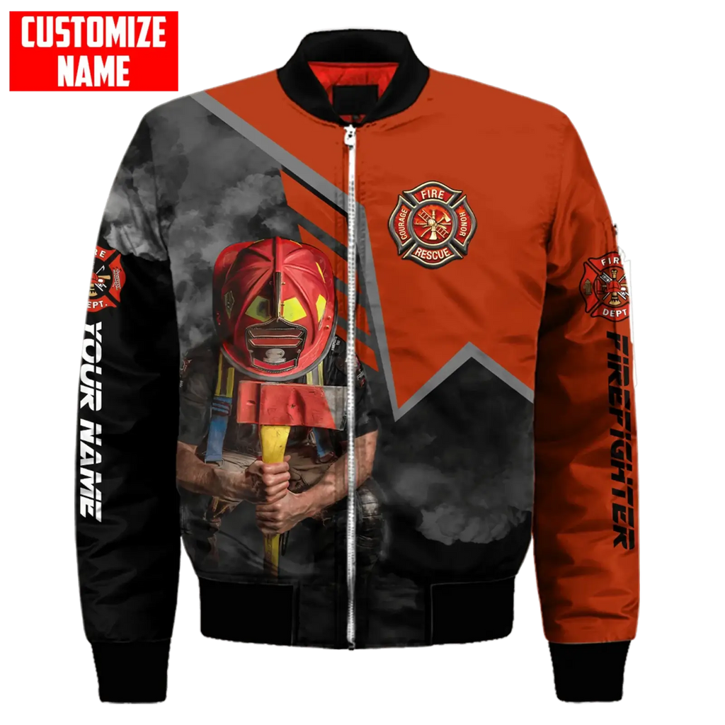 Orange and black firefighter bomber jacket with full-body graphic and fire rescue insignia ideal for drop shipping items received fast delivered date