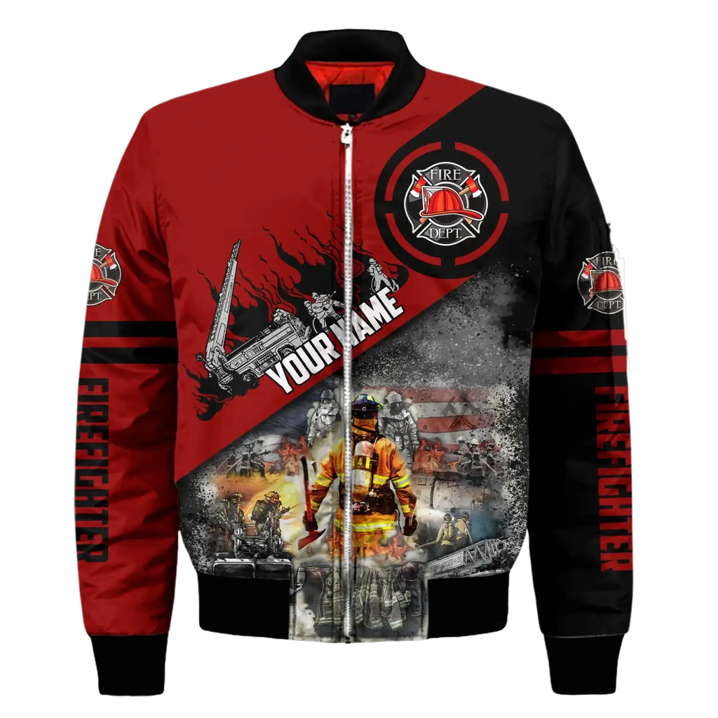 Red and black firefighter bomber jacket with 3d flame graphic print for winter drop shipping delivered date items received