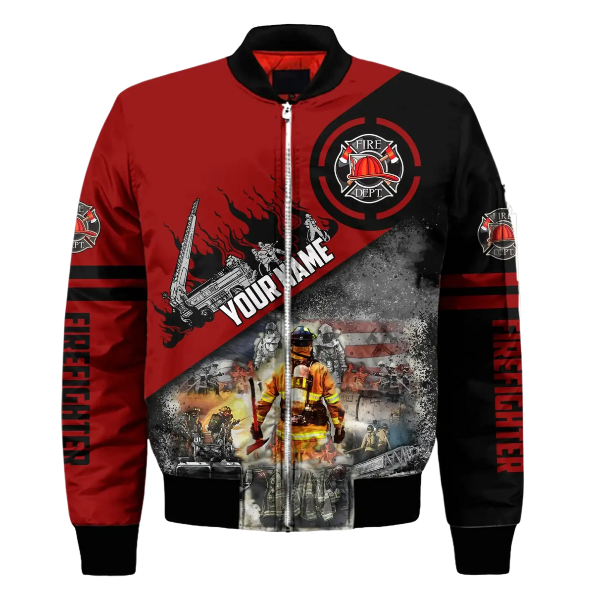 Red and black firefighter bomber jacket with 3d flame graphic print for winter drop shipping delivered date items received