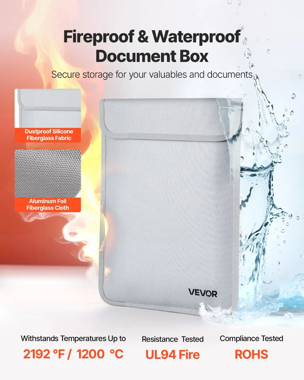 Light gray fireproof document bag made of dustproof silicone fiberglass fabric and aluminum foil fiberglass cloth by Vevor