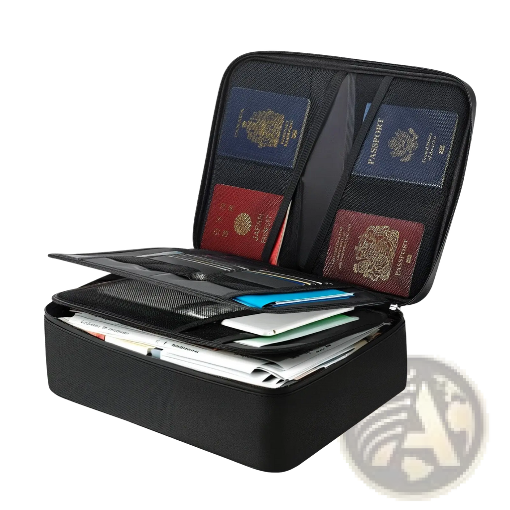 Black textured fireproof document box with lock and handle holding passports documents and cards in multiple compartments