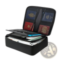 Black textured fireproof document box with lock and handle holding passports documents and cards in multiple compartments