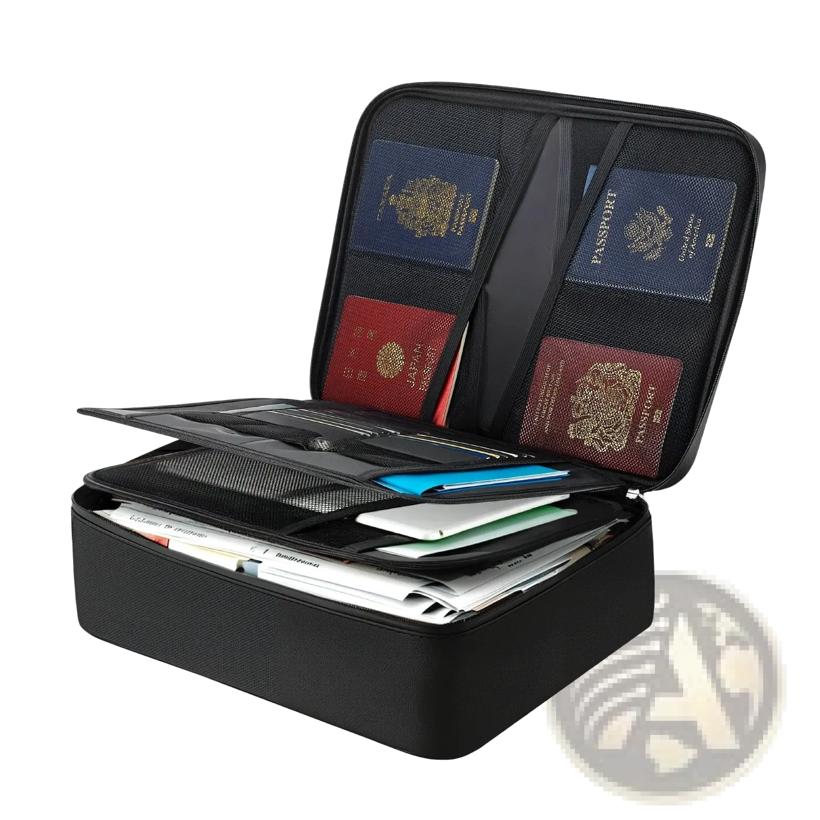 Black textured fireproof document box with lock and handle holding passports documents and cards in multiple compartments