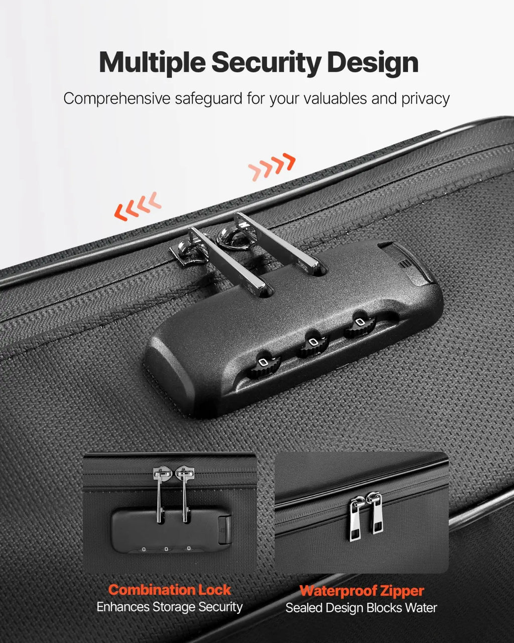 Black textured fabric fireproof document box with combination lock handle and waterproof zipper model 1832f