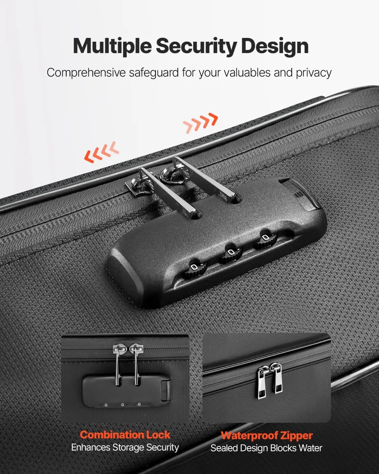 Black textured fabric fireproof document box with combination lock handle and waterproof zipper model 1832f