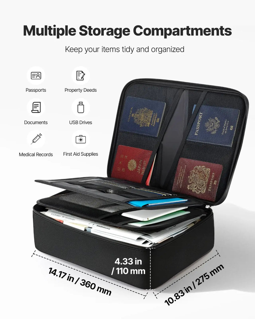 Black fireproof document box with lock and handle featuring multiple compartments for passports documents and usb drives