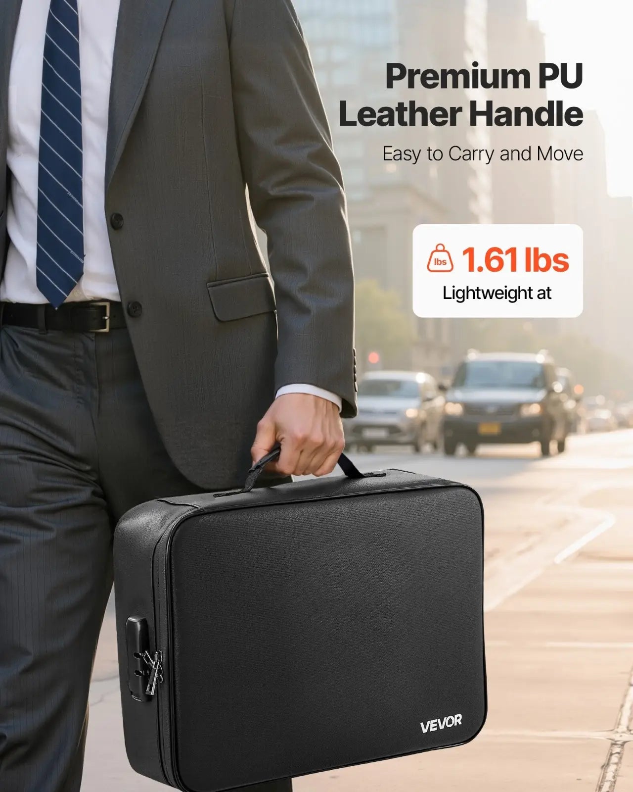 Black vevoor fireproof document box with lock and premium pu leather handle in travel case design