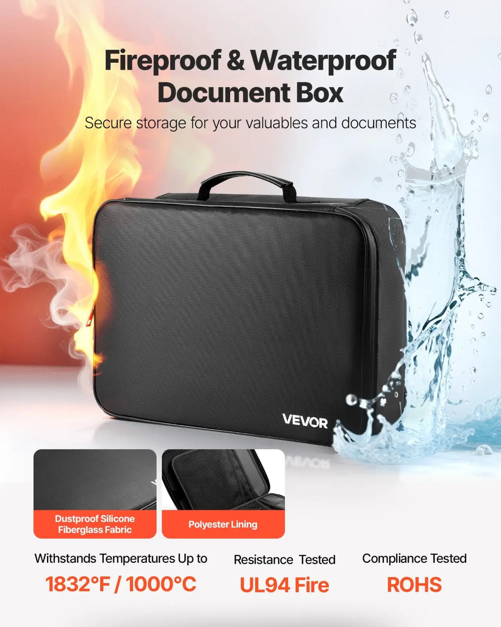 Black vevor fireproof document box with lock and handle featuring textured fiberglass fabric and polyester lining for protection