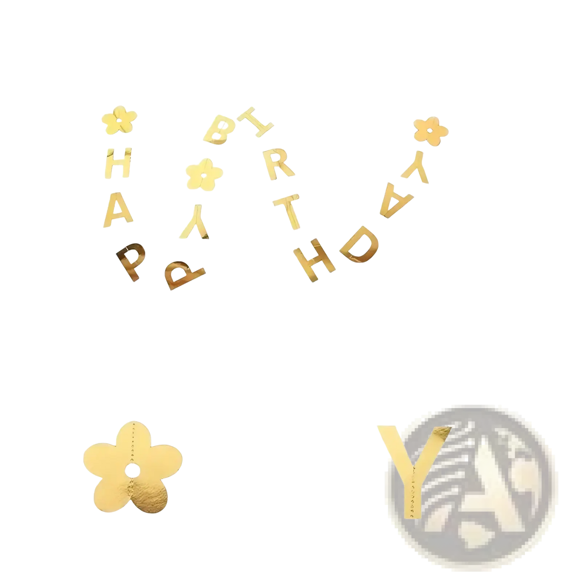 First birthday party bunting and banner decoration featuring a gold foil happy birthday banner with flower accents