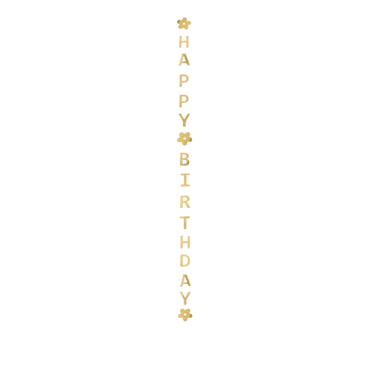 A vertical gold foil first birthday party banner spelling happy birthday with clover and flower motifs