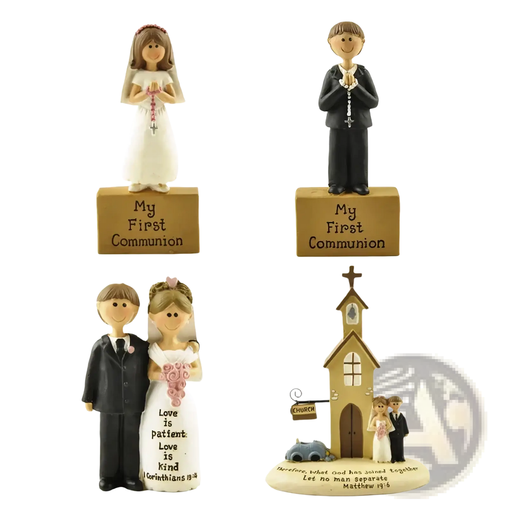 Set of four ceramic resin figurines with engraved bases depicting first communion girl and wedding scenes tabletop decor