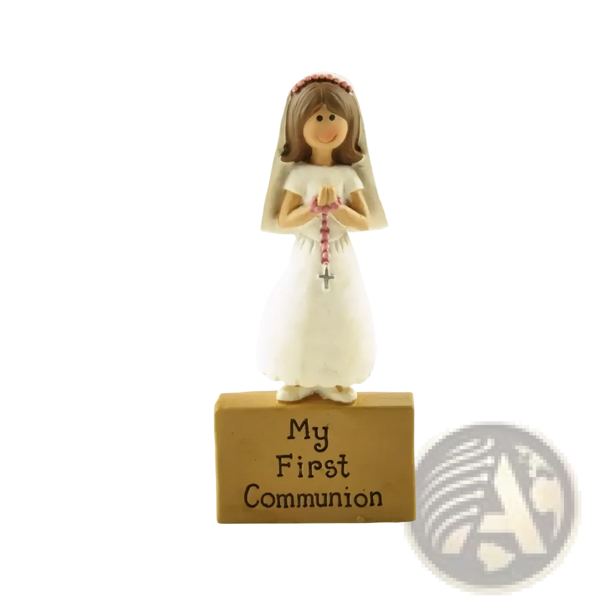 White resin first communion girl figurine holding pink rosary on brown base engraved with my first communion