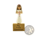 White resin first communion girl figurine with veil pink rosary standing on engraved brown base for tabletop decor