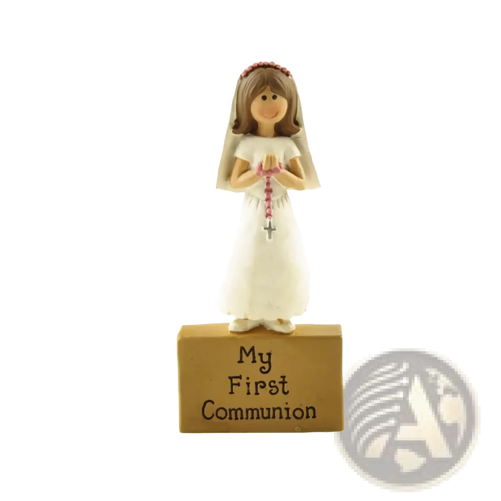 White resin first communion girl figurine with veil pink rosary standing on engraved brown base for tabletop decor