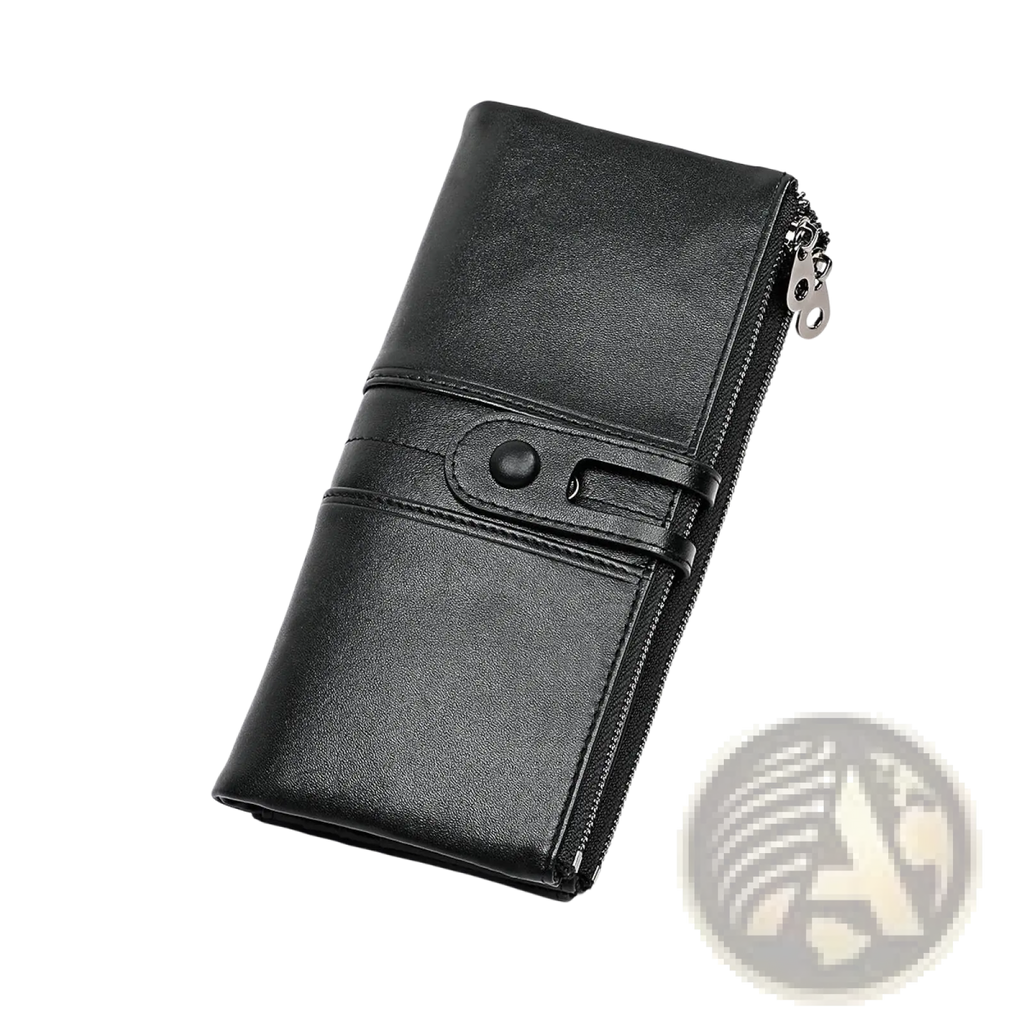 Black first layer cowhide leather long wallet with zipper closure and button fastening strap visible in front view