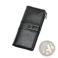 Black first layer cowhide leather long wallet with zipper closure and button fastening strap visible in front view