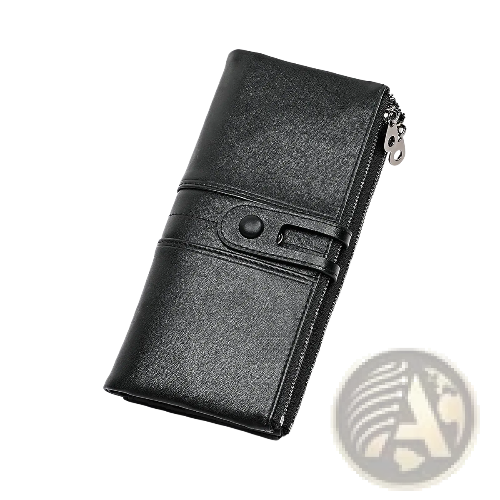 Black first layer cowhide leather long wallet with zipper closure and button fastening strap visible in front view