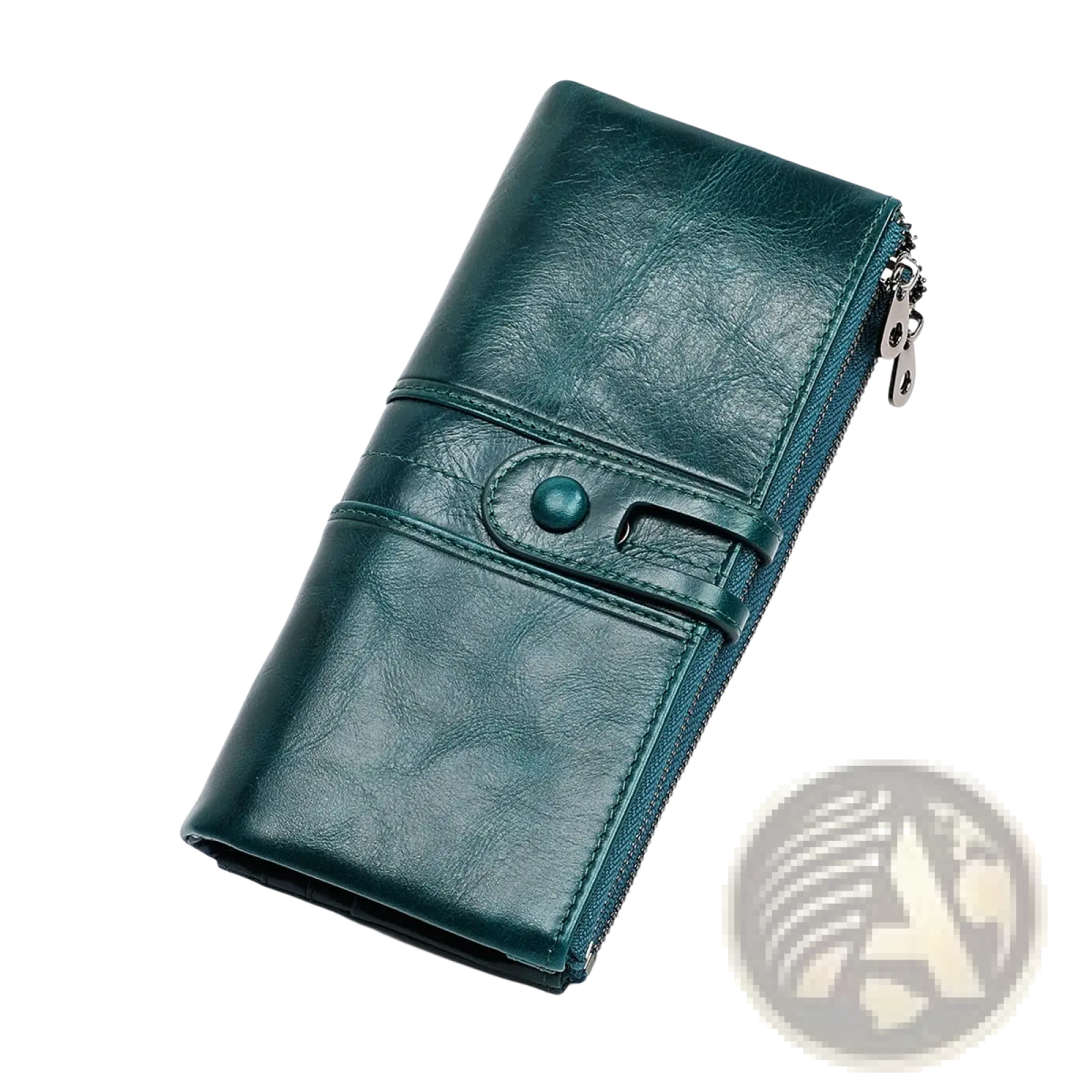 First layer cowhide leather dark green tri-fold wallet with zipper closure and button fastening detail