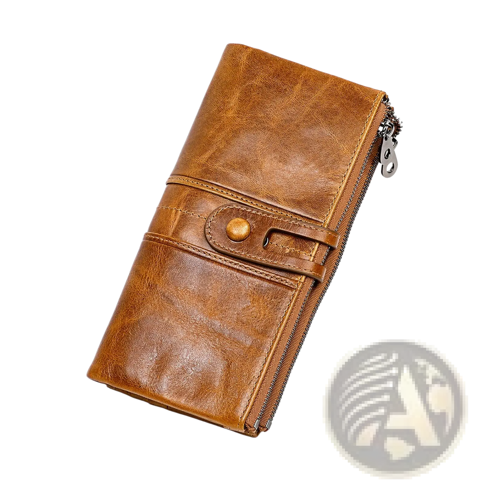 First layer cowhide leather tan long tri-fold wallet with zipper closure and button snap detail