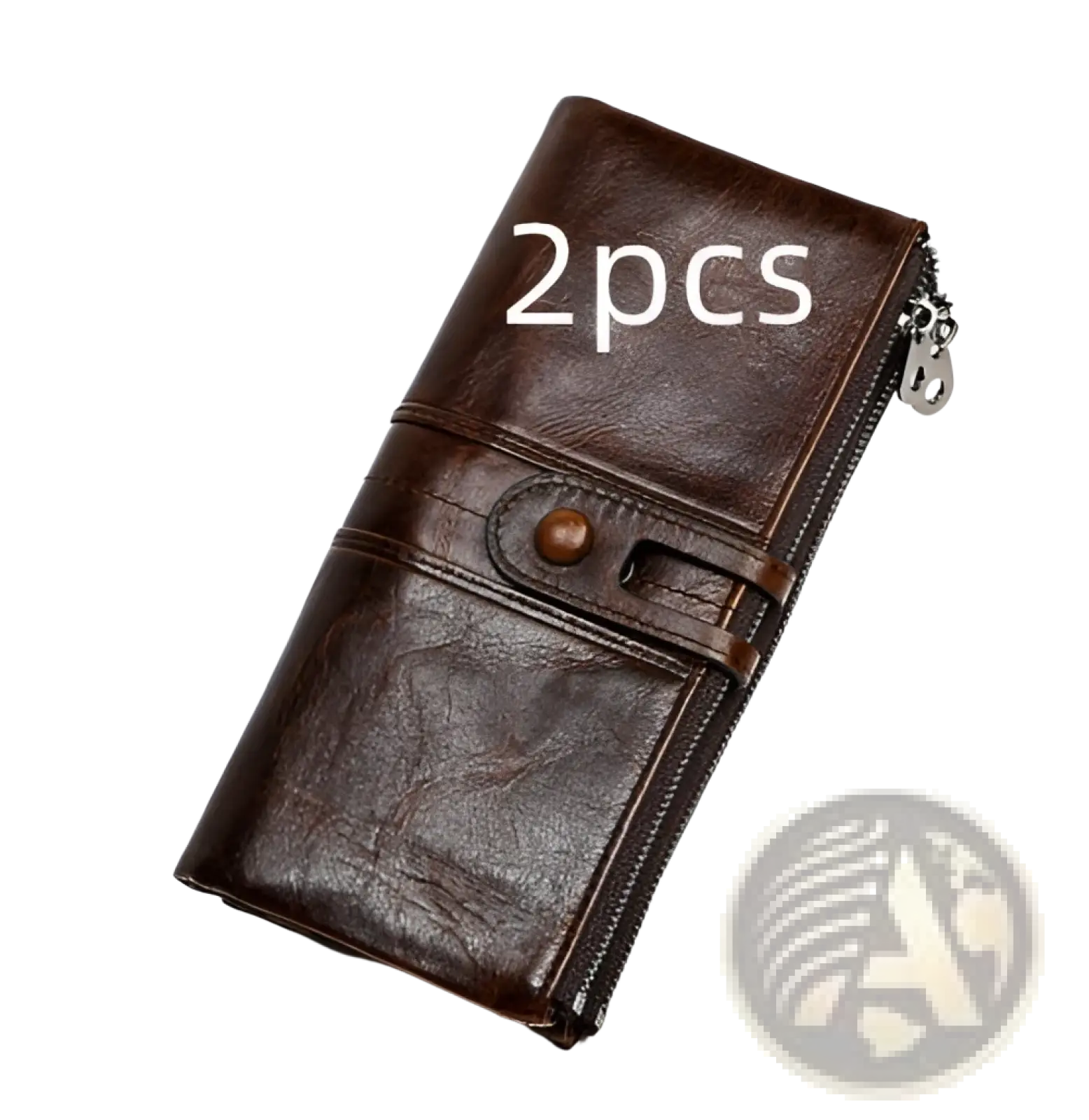 Brown first layer cowhide leather tri-fold wallet with zipper closure and decorative button on the front