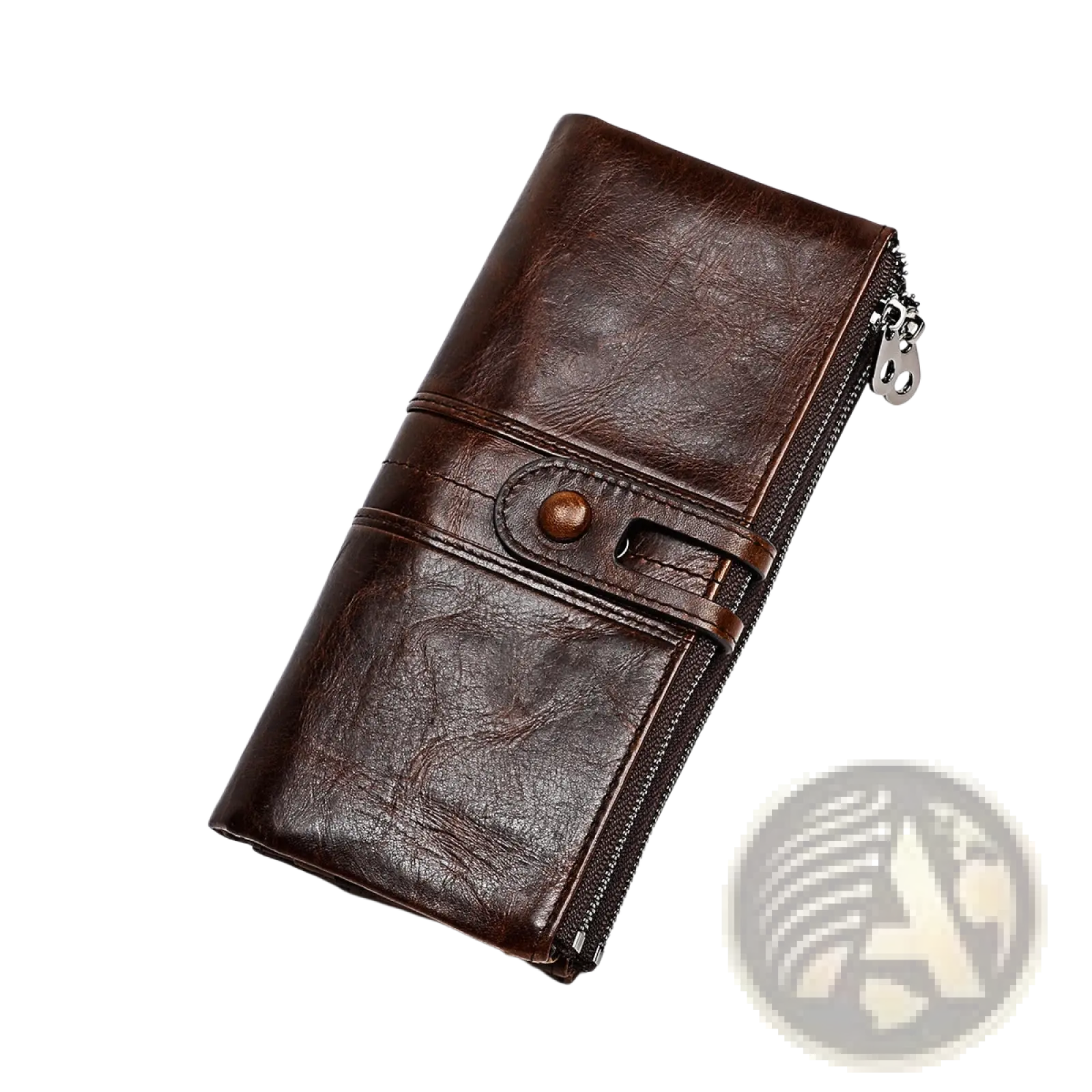 Brown first layer cowhide leather tri-fold wallet with zipper closure and decorative button detail