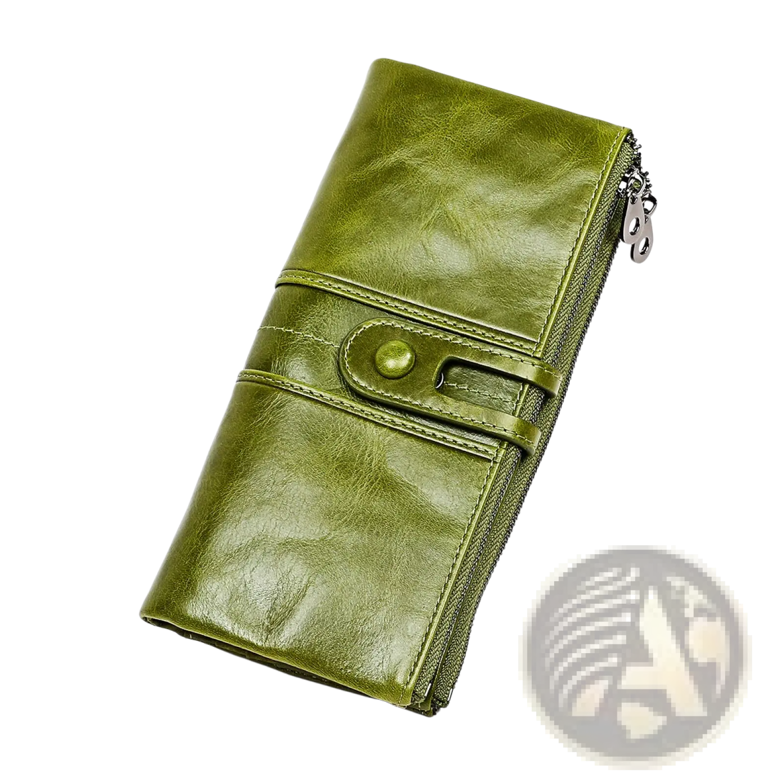 Olive green first layer cowhide leather long tri-fold wallet with zipper closure and metal clasp detail