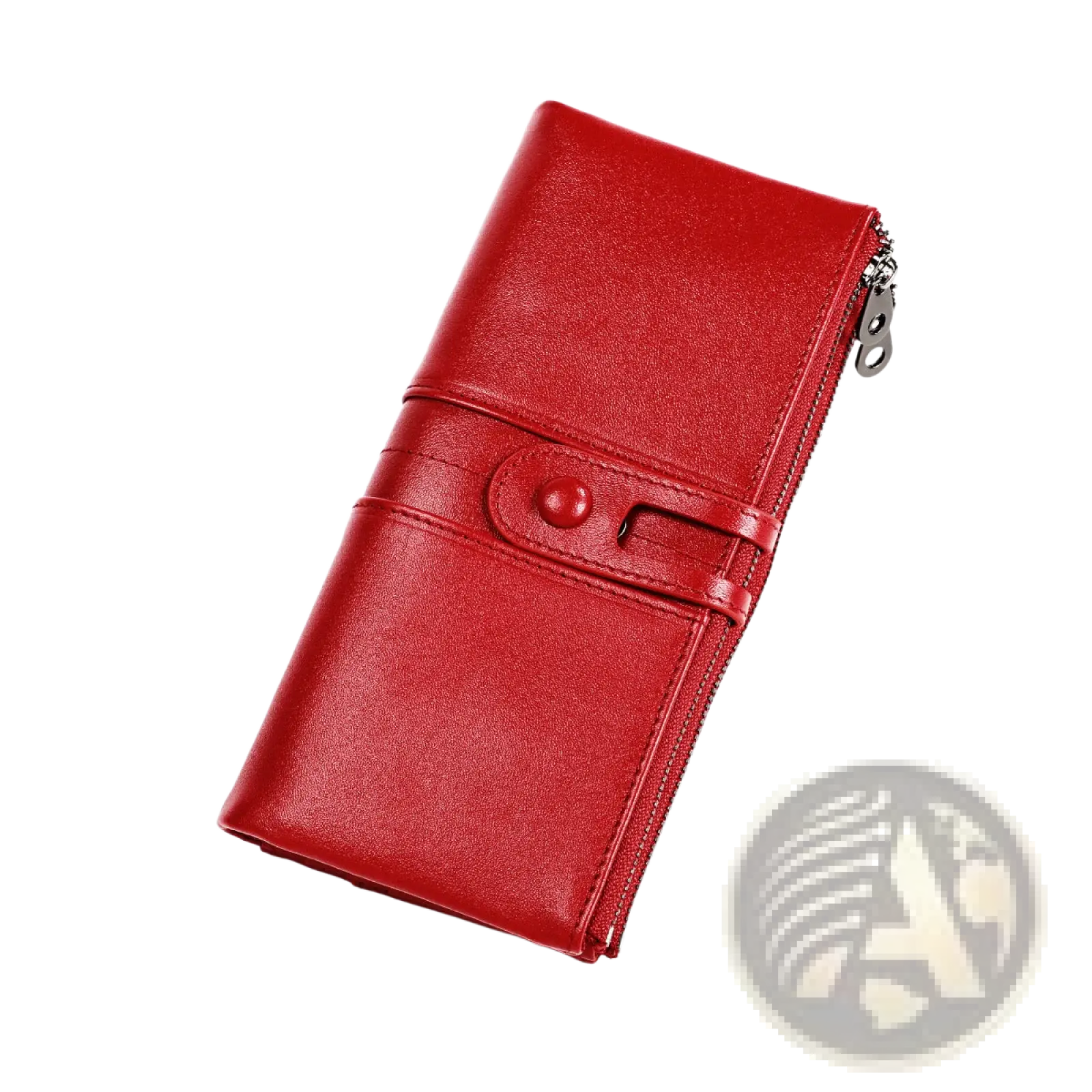 Red first layer cowhide leather tri-fold wallet with zipper closure and button fastening detail