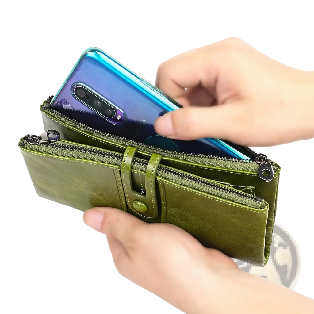 Olive green first layer cowhide leather trifold wallet with multiple zippers and central button closure