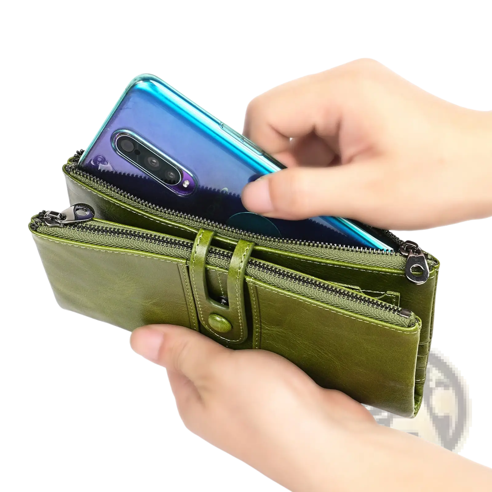 Olive green first layer cowhide leather trifold wallet with multiple zippers and central button closure