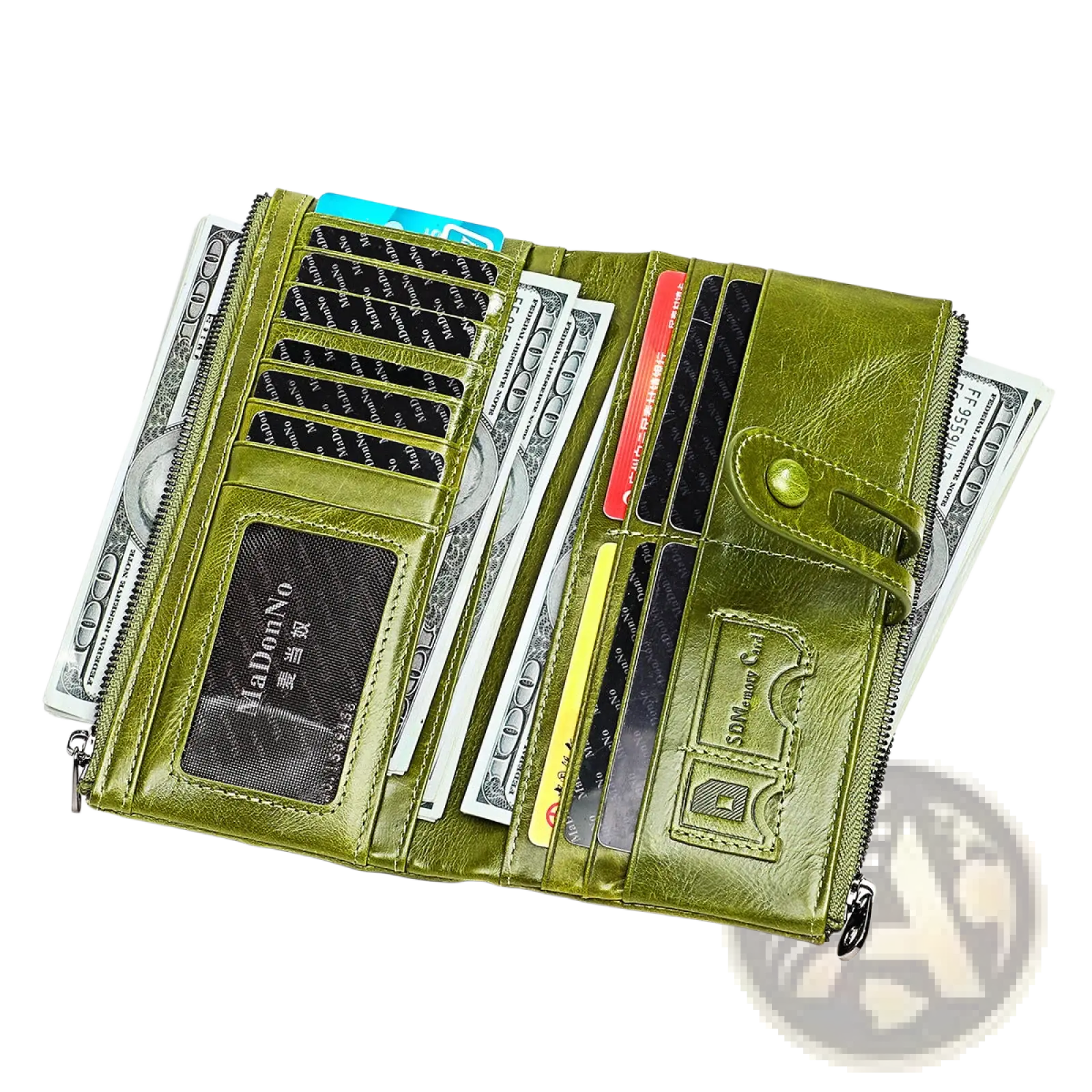 Olive green first layer cowhide leather tri fold wallet with multiple card slots zipper closures and embossed branding