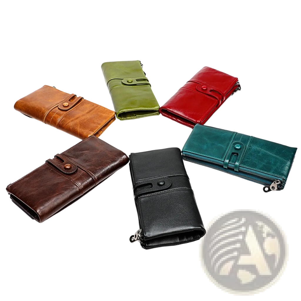 Six first layer cowhide leather zipper tri fold wallets in brown olive green red dark teal black and tan arranged in a circle