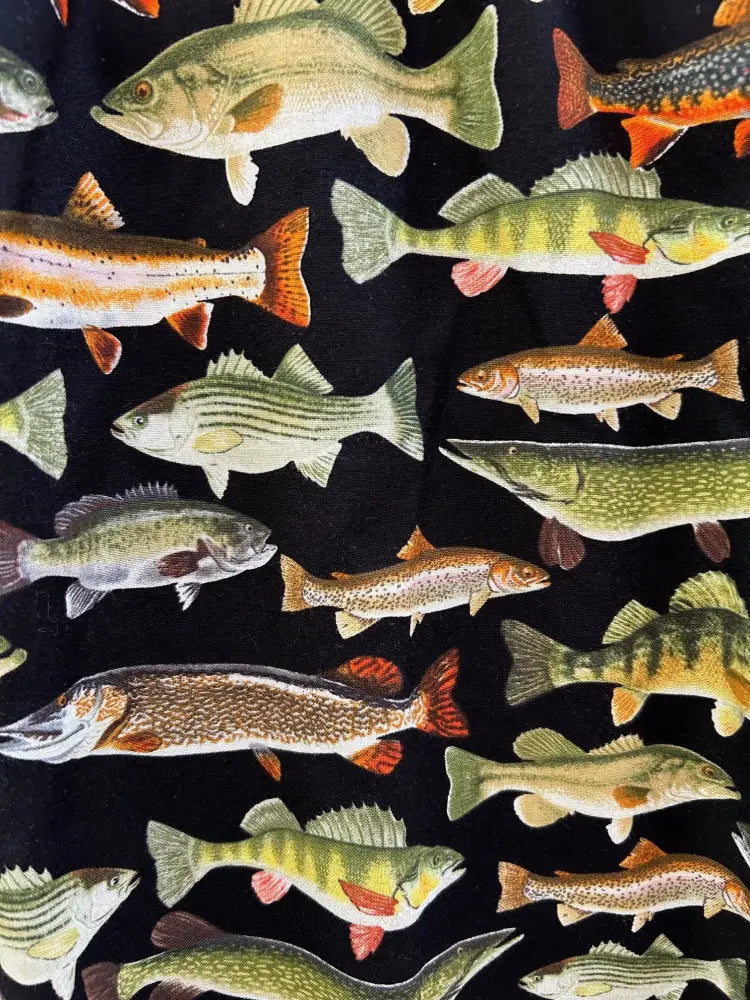 Black vintage fish print cotton a-line skirt with pockets featuring vibrant naturalistic fish designs