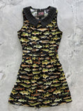 Black sleeveless dress with polka dot collar and all-over fish print featuring fitted bodice and flared skirt