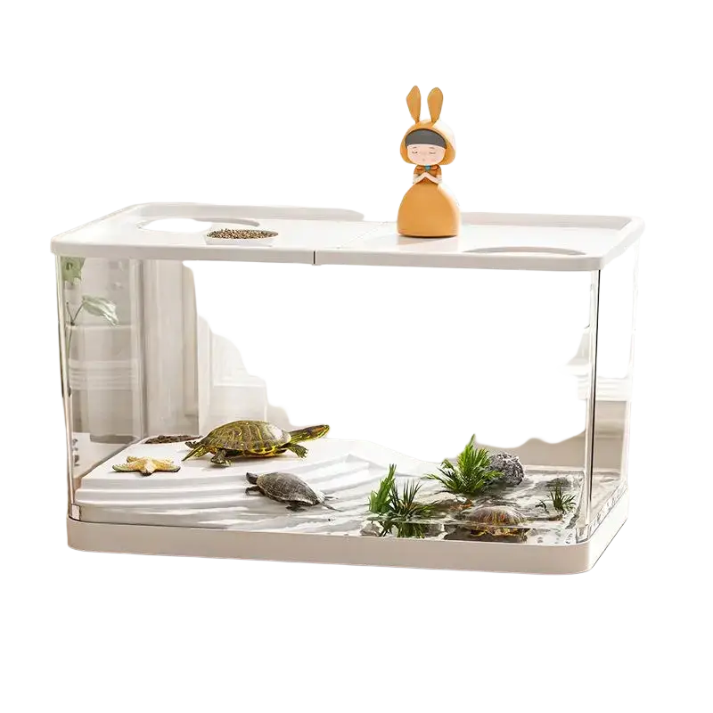 White rectangular ecological desktop fish tank with clear glass sides and white lid featuring small orange bunny figurine