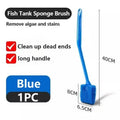 Blue fish tank glass cleaning brush with long handle textured grip and sponge for effective algae scraping