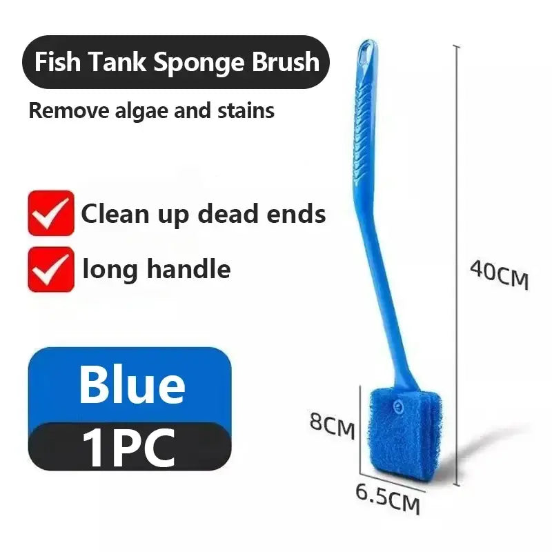Blue fish tank glass cleaning brush with long handle textured grip and sponge for effective algae scraping