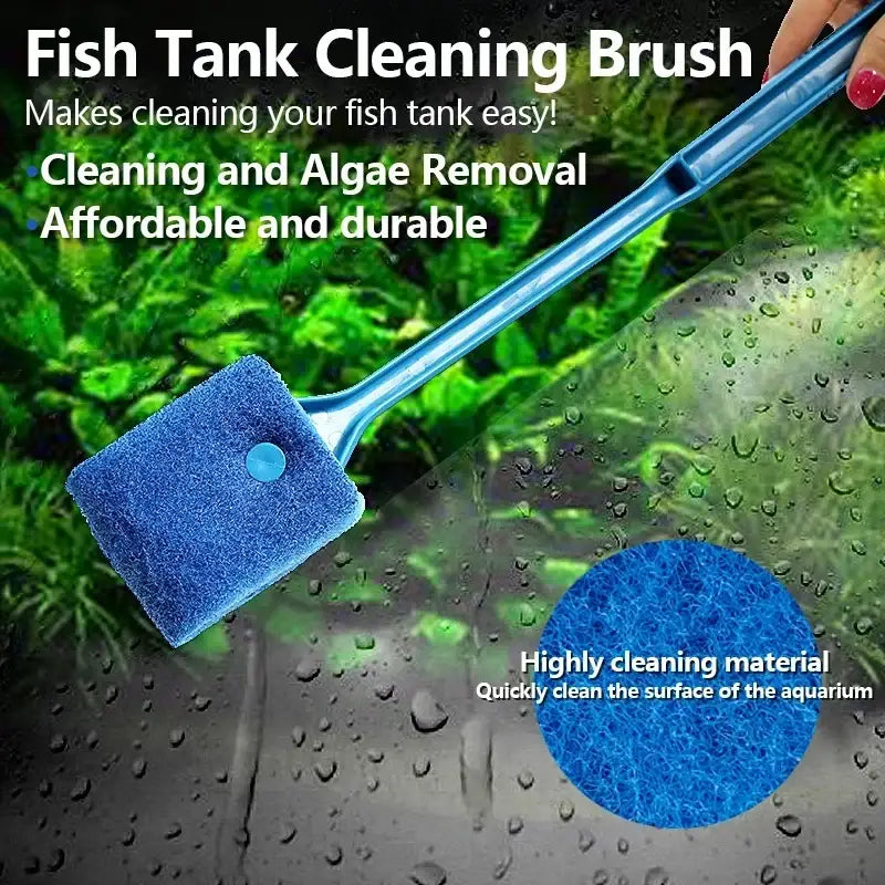 Blue sponge-headed fish tank glass cleaning brush with translucent handle for algae removal on tank glass plants