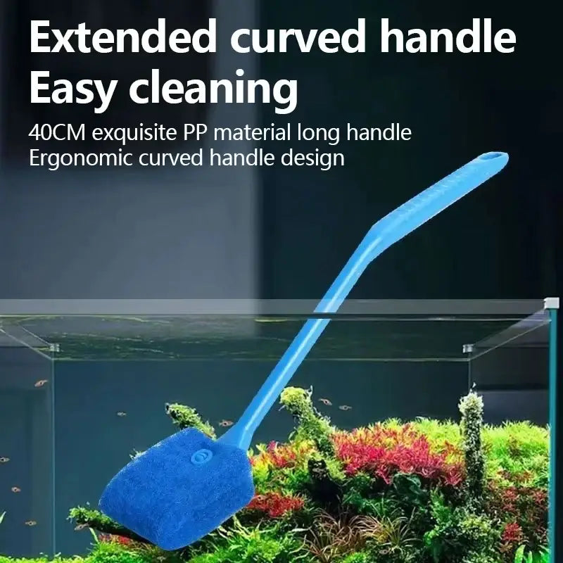 Blue plastic fish tank glass cleaning brush with long curved handle and sponge head for algae removal