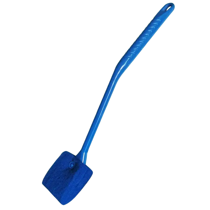 Blue plastic fish tank glass cleaning brush with 45-degree angled head and textured grip handle for algae removal
