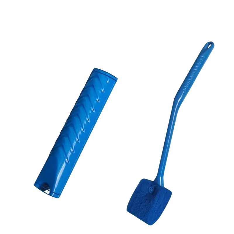 Blue plastic fish tank glass cleaning brush with textured anti-slip handle and flat sponge algae scraper head