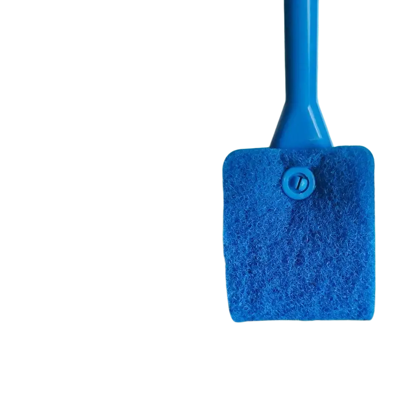 Blue rectangular fish tank glass cleaning brush algae scraper with textured sponge surface and plastic handle